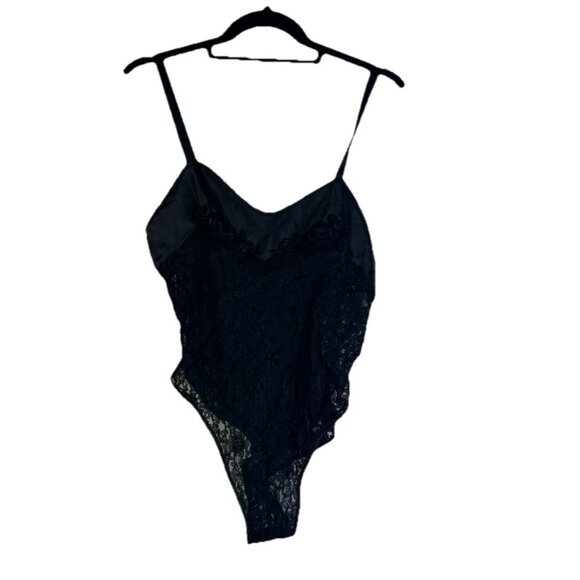 Vintage 80s Black Lace Snap Sheer Teddy Lingerie Body Suit - Picture 1 of 7